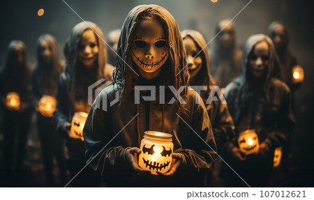 Gathering of young scary children wearing masks, hoods and carrying spooky candle vases on a foggy night - generative AI. 107012621