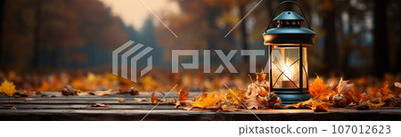 Warm and inviting lit vintage lantern resting on wood planks base outdoors in a fall setting - generative AI. 107012623