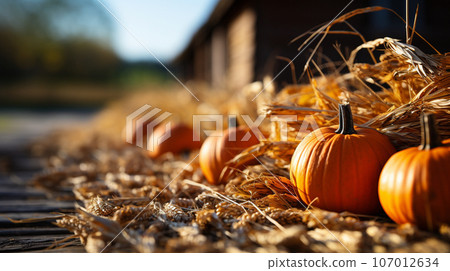 Dozens of orange fall and Halloween pumpkins and hay decorating the country barn scene - generative AI. 107012634
