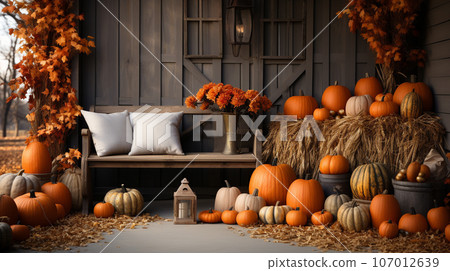 Fall and autumn beautifully decorated barn sitting area with pumpkins, gourds and seating - generative AI. 107012639