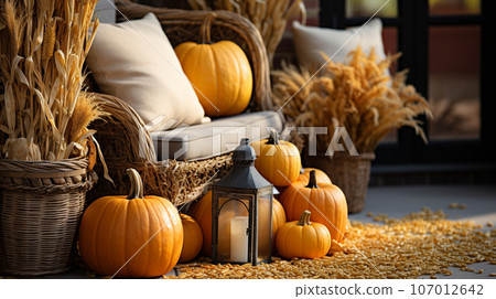 Fall and autumn beautifully decorated house porches with pumpkins, gourds and seating - generative AI. 107012642