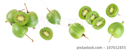 mini kiwi baby fruit or actinidia arguta isolated on white background with full depth of field. Top view. Flat lay 107012855