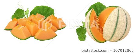 Cantaloupe melon pieces isolated on white background with full depth of field. Cantaloupe melon pieces isolated on white background with full depth of field. 107012863