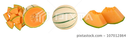 Cantaloupe melon isolated on white background with full depth of field. Top view. Flat lay Cantaloupe melon isolated on white background with full depth of field. Top view. Flat lay 107012864