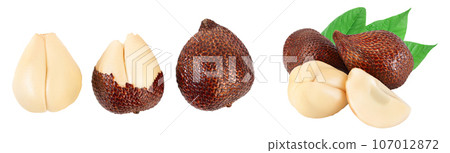 Salak snake fruit isolated on white background with full depth of field. Top view. Flat lay. Set or collection Salak snake fruit isolated on white background with full depth of field. Top view. Flat lay. Set or collection 107012872