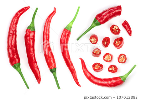 red hot chili peppers isolated on white background . Top view. Flat lay pattern red hot chili peppers isolated on white background . Top view. Flat lay pattern 107012882