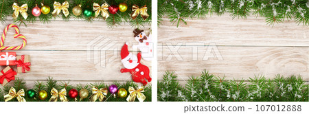 Christmas frame made of fir branches decorated with balls, bows, candy canes and boxes on a light wooden background 107012888