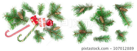 Christmas background with fir branches and box isolated on white background. Top view. Flat lay 107012889