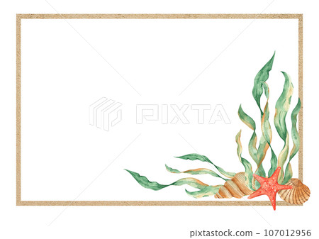 Marine horizontal frame, sand texture with seaweeds, seashells, red starfish. Watercolor hand drawn illustration for children isolated on white background. For cards, marine design. Marine horizontal frame, sand texture with seaweeds, seashells, red starfish. Watercolor hand drawn illustration for children isolated on white background. For cards, marine design. 107012956