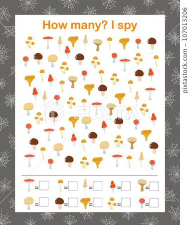 Autumn mushroom I spy, How many counting educational game for kids, Halloween holiday vector illustration, educational puzzle, printable worksheet for kids, leisure or study game, teachers resources 107013206