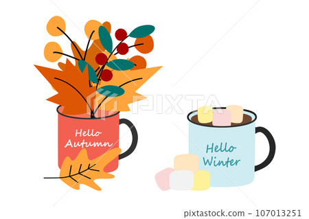 Set of 2 cups with autumn and winter lettering, a bouquet of autumn leaves and warm with marshmallow Set of 2 cups with autumn and winter lettering, a bouquet of autumn leaves and warm with marshmallow 107013251