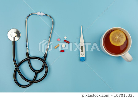 Minimalistic composition with medical concept. Healthcare and seasonal diseases. 107013323