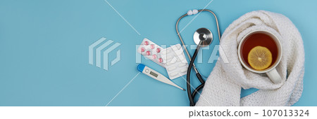 Healthcare, medicine, flu and treatment concept. Banner with copy space. 107013324