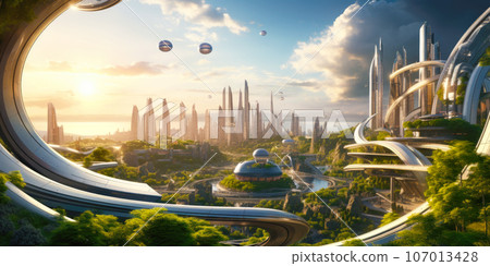 Futuristic urban landscape, green city with park and gardens in summer 107013428