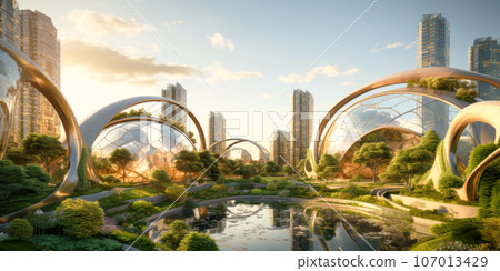 Modern green city, urban landscaped design with plants, lake in summer 107013429