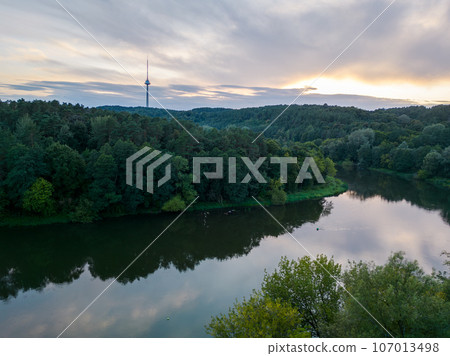 Aerial view of Vingis Park, Neris River and Vilnius TV Tower 107013498