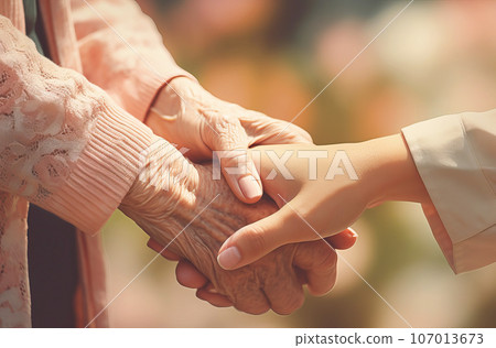 An elderly and young woman holding the hands, support and experience of the older generation, Elderly Care concept,Geriatric Social Work, providing assistance and support to elderly individuals. An elderly and young woman holding the hands, support and experience of the older generation, Elderly Care concept,Geriatric Social Work, providing assistance and support to elderly individuals. 107013673