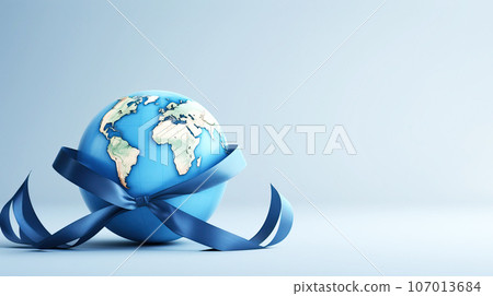 Hope and Unity in fight against diabetes. Earth with a blue ribbon on blue background,awareness for World Diabetes Day, global cooperation to combat the disease. Banner with copy space Hope and Unity in fight against diabetes. Earth with a blue ribbon on blue background,awareness for World Diabetes Day, global cooperation to combat the disease. Banner with copy space 107013684