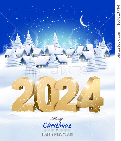 Holiday Christmas Winter Background with a Village Landscape and 2024 numbers. Vector. 107013764