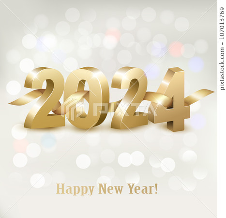 Merry Christmas and Happy New Year 2024. Golden 3D numbers with gold ribbon. Vector 107013769