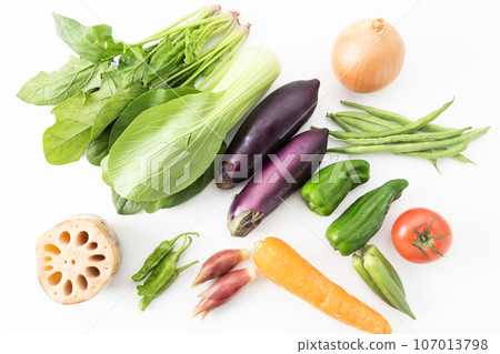 Vegetables gathering overhead shot white background 107013798