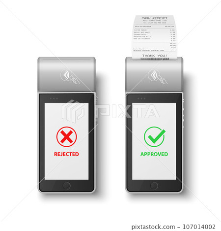 Vector 3d Grey NFC Payment Machine with Rejected and Approved Status, Paper Cash Receipt, Bill. Payment POS Terminal, Machine Design Template of Bank Payment Contactless Terminal, Mockup. Top View 107014002