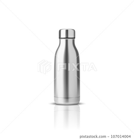 Vector Realistic 3d Steel, Silver or Chrome Blank Glossy Metal Reusable Water Bottle with Silver Bung Closeup Isolated on White Background. Design template of Packaging Mockup. Front View Vector Realistic 3d Steel, Silver or Chrome Blank Glossy Metal Reusable Water Bottle with Silver Bung Closeup Isolated on White Background. Design template of Packaging Mockup. Front View 107014004