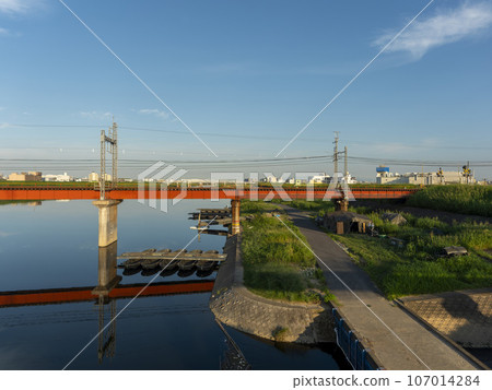 A light footbridge and boat of the Japan Ground Self-Defense Force Facilities Department installed on the river A light footbridge and boat of the Japan Ground Self-Defense Force Facilities Department installed on the river 107014284
