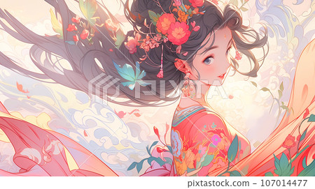 手绘卡通唯美的古装东方宫廷少女插画 107014477