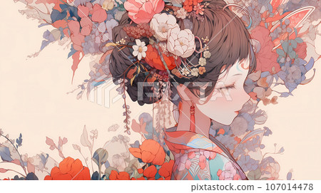 手绘卡通唯美的古装东方宫廷少女插画 107014478