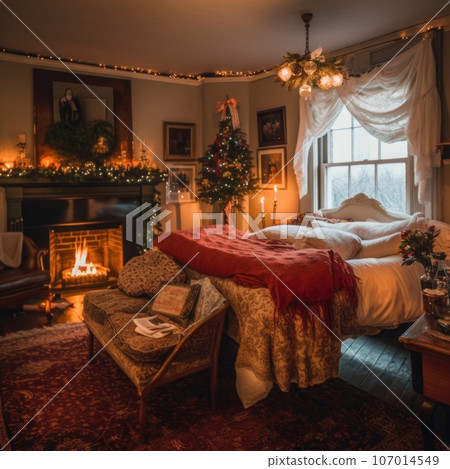 Bed and breakfast small country house for cozy Christmas holiday decorated in cozy golden colors. 107014549