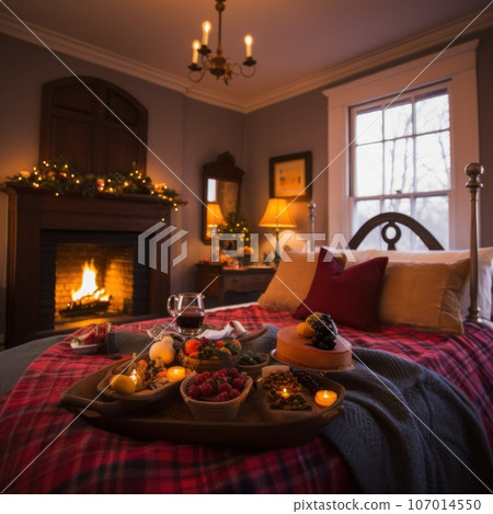 Bedroom or bed and breakfast in country house for Christmas. Close up bed with food tray, fireplace. Bedroom or bed and breakfast in country house for Christmas. Close up bed with food tray, fireplace. 107014550