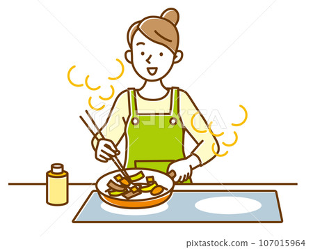 A young woman happily cooking with an IH cooking heater A young woman happily cooking with an IH cooking heater 107015964