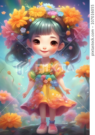 A Little Girl with Flowers in Her Hair , ai generated 107016055