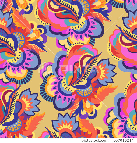 Bright seamless psychedelic pattern with abstract colorful elements. Bright seamless psychedelic pattern with abstract colorful elements. 107016214
