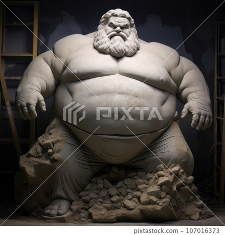 Stone sculpture of a fat man, fairy tale character. AI 107016373