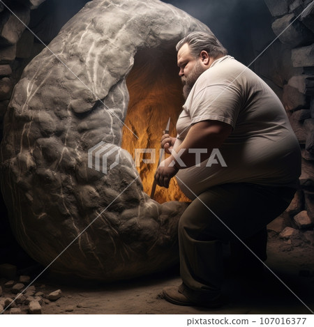 Fat man works with stone, creating an arch of stones. AI Fat man works with stone, creating an arch of stones. AI 107016377