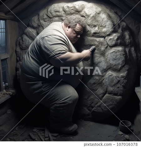 Fat man works with stone, creating an arch of stones. AI 107016378