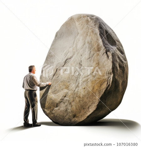 Adult man touches a huge stone with his hand. AI Adult man touches a huge stone with his hand. AI 107016380