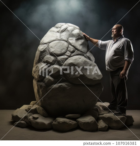 Adult man touches a huge stone with his hand. AI Adult man touches a huge stone with his hand. AI 107016381