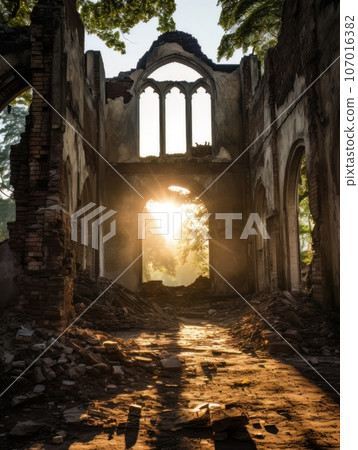 Ruins of abandoned palace or catholic church indoor in the sunshine. AI Ruins of abandoned palace or catholic church indoor in the sunshine. AI 107016382
