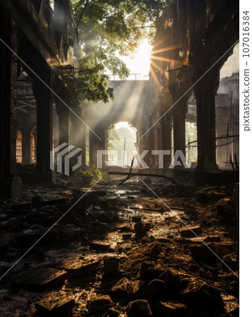 Ruins of abandoned palace or catholic church indoor in the sunshine. AI Ruins of abandoned palace or catholic church indoor in the sunshine. AI 107016384