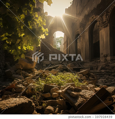 Ruins of abandoned palace or catholic church indoor in the sunshine. AI 107016439