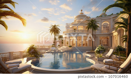 Luxury tropical resort with swimming pool and loungers umbrellas. Sea with blue sky in background Luxury tropical resort with swimming pool and loungers umbrellas. Sea with blue sky in background 107016460