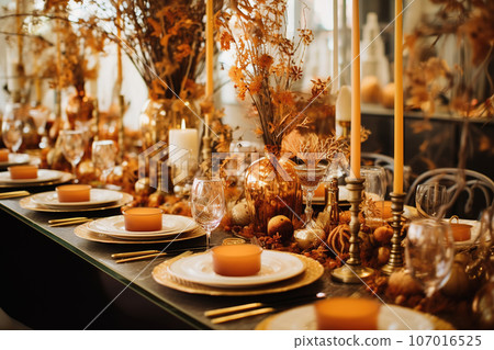 Wedding decor, table details close up. Autumn luxury design Wedding decor, table details close up. Autumn luxury design 107016525
