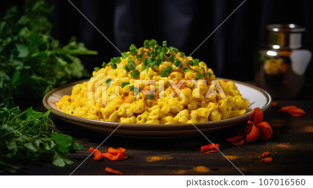 Mac and cheese in plate on rustic table setting. Traditional festive American meal Mac and cheese in plate on rustic table setting. Traditional festive American meal 107016560