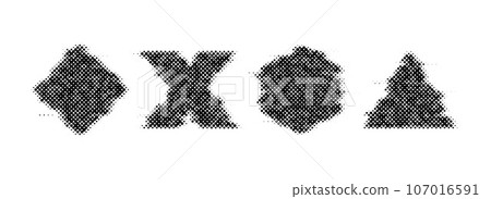 Halftone glitch geometric shapes set. Dotted cross, square, triangle and triangle elements. Black noise texture objects for banner, poster, collage, flyer, booklet, brochure. Vector collection Halftone glitch geometric shapes set. Dotted cross, square, triangle and triangle elements. Black noise texture objects for banner, poster, collage, flyer, booklet, brochure. Vector collection 107016591