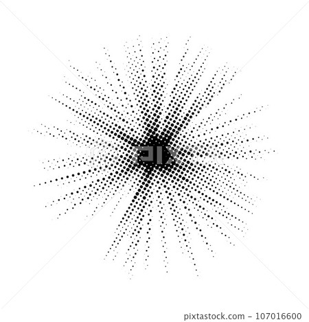 Halftone burst background. Abstract dotted starburst element. Glowing light grunge textured effect. Pop art style dots explosion. Retro noise grain shine star flare. Vector illustration 107016600