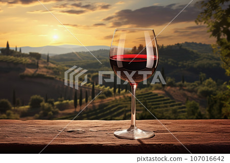 One glass of red wine and green landscape view, product display for wine testing One glass of red wine and green landscape view, product display for wine testing 107016642