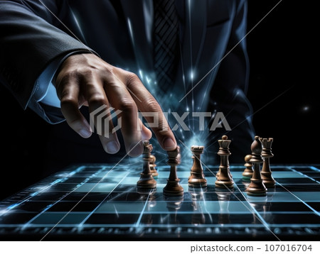 Faceless businessman plays chess. Strategy for success and victory. AI 107016704